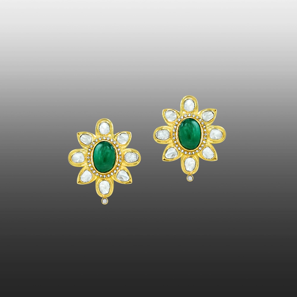 Gold Floral Studs with Emerald Cabochons and Polki Petals